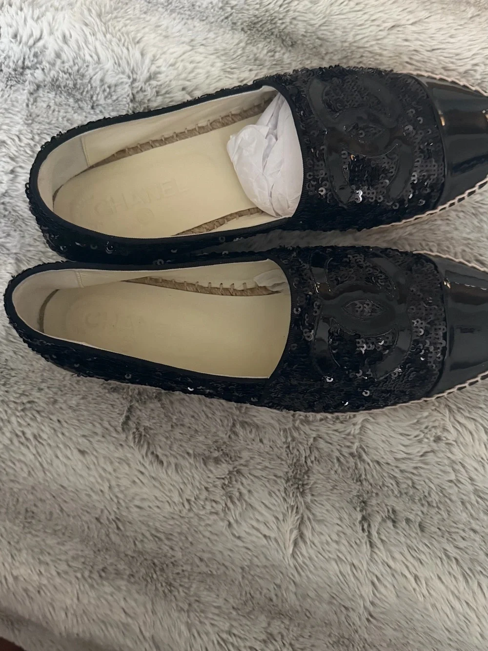 CHANEL Black Sequin Logo Espadrille Flats